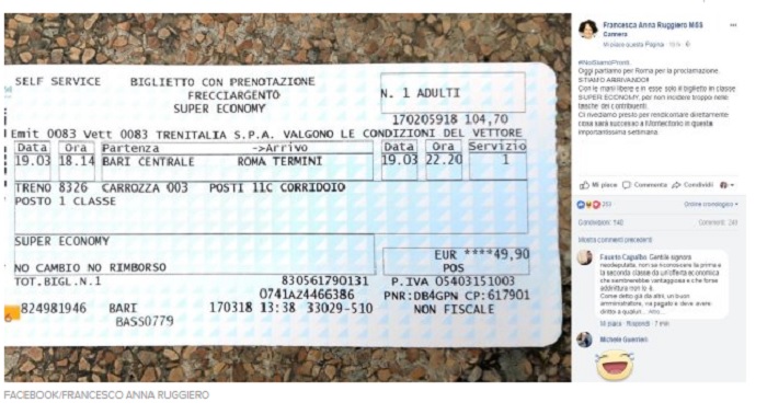 "Viaggio in economy. Per non incidere sui contribuenti". Ma il biglietto della deputata M5s è in prima classe