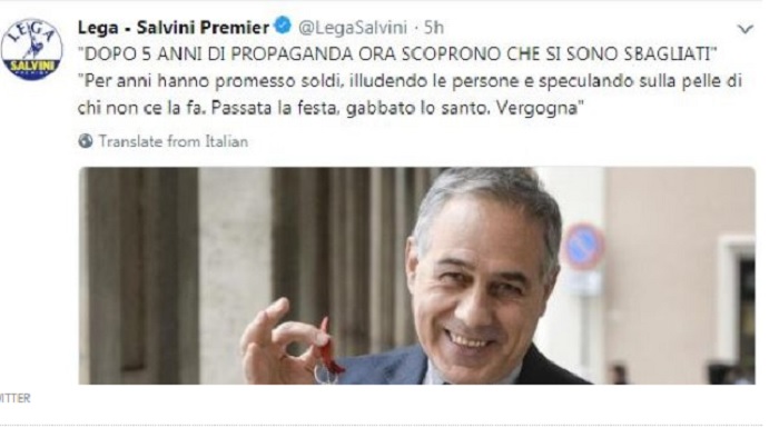 Reddito di cittadinanza, Lega retwitta Anzaldi del Pd che dice "M5S senza vergogna"