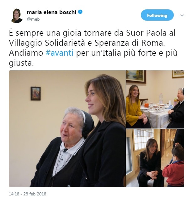 Maria Elena Boschi in visita dalla mitica Suor Paola FOTO