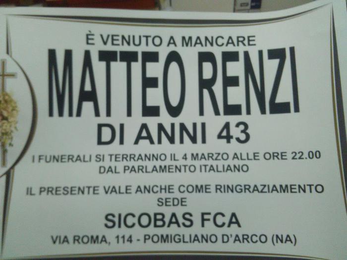 Pomigliano D'Arco, manifesti Cobas col funerale di Matteo Renzi
