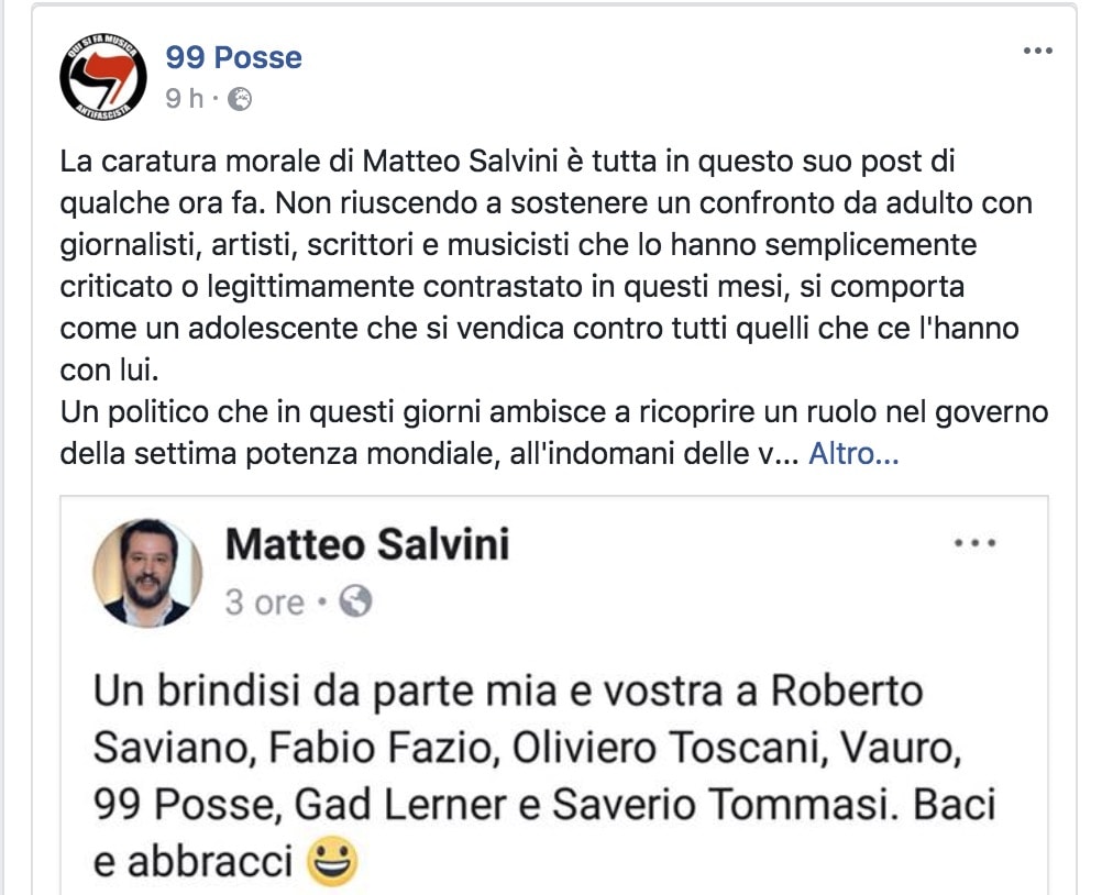 99 Posse replicano a Salvini