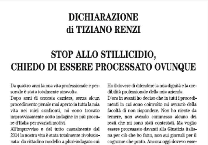 Tiziano Renzi compra una pagina del Quotidiano Nazionale: "Processatemi"