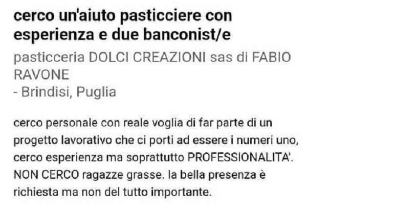 Brindisi, l'annuncio di lavoro di una pasticceria: "Non cerco ragazze grasse"
