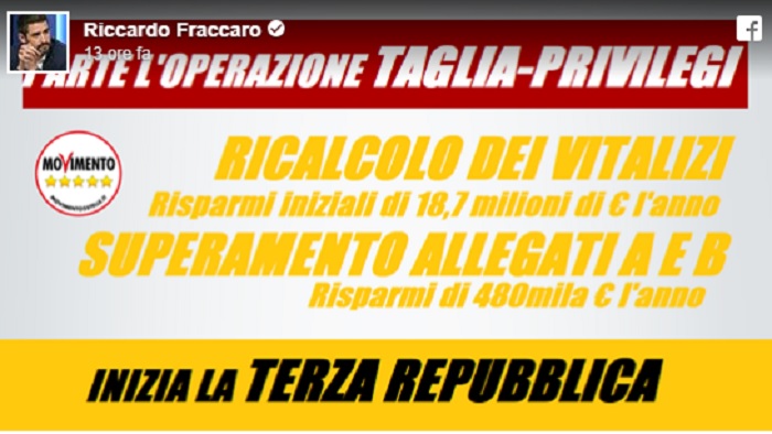 M5S annuncia: "Presentata istruttoria sui vitalizi, primo passo verso l'abolizione"