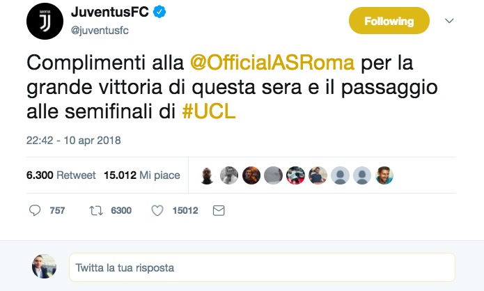 Roma-Barcellona 3-0, la Juventus e gli altri club fanno i complimenti ai giallorossi