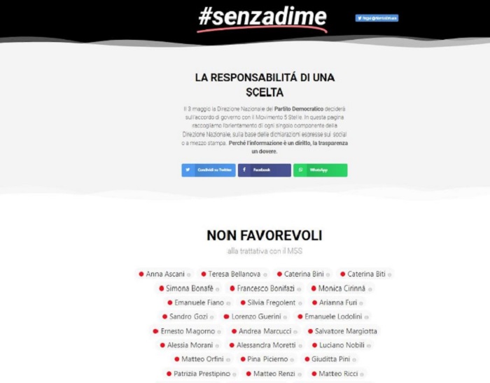 Direzione Pd, su "senzadime.it" la lista dei favorevoli all'intesa con M5s. Poi sparisce