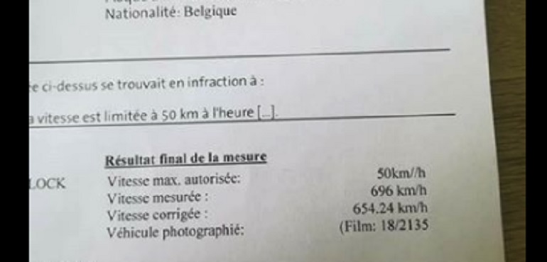 Belgio, automobilista multato. Il verbale: "Andava a 696 km/h"