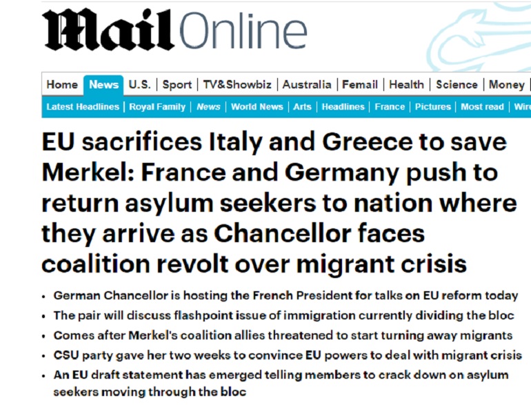 Il Daily Mail: "La UE offre in sacrificio Italia e Grecia per salvare la Merkel"