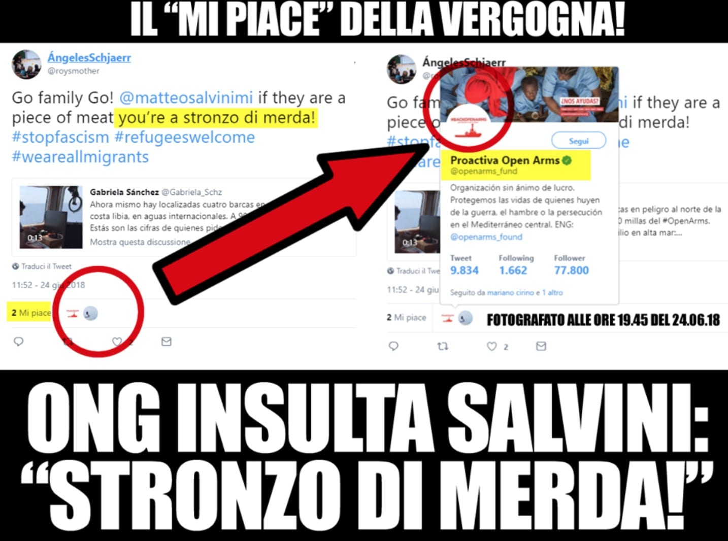Salvini e il commento su Twitter: "Str*** di me***". Con like della ong Proactiva Open Arms