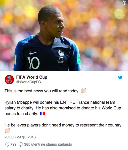 Kylian Mbappé devolverà in beneficienza lo stipendio ricevuto durante i Mondiali