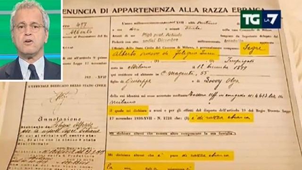 YOUTUBE Censimento rom, Mentana mostra in diretta tv la schedatura del papà di Liliana Segre