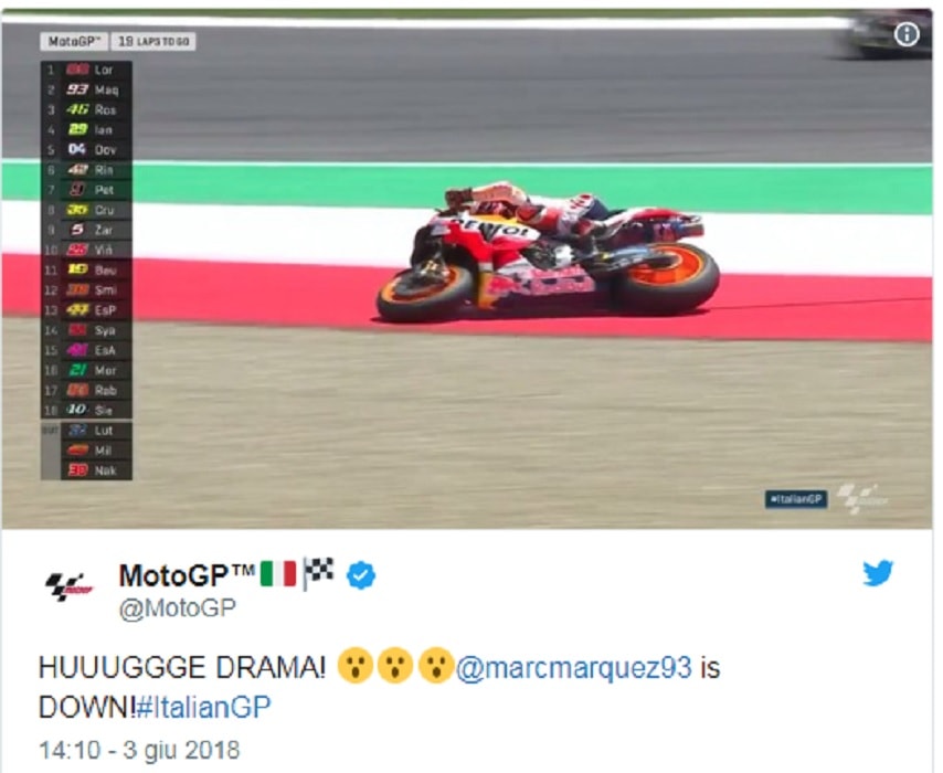 MotoGp Italia Mugello, Marc Marquez scivola sulla ghiaia