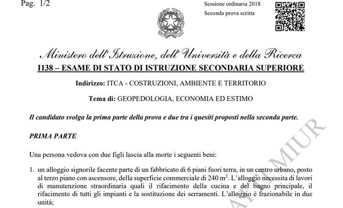 Maturità 2018, seconda prova Istituto Tecnico Costruzioni e Territorio: PDF e testo integrale