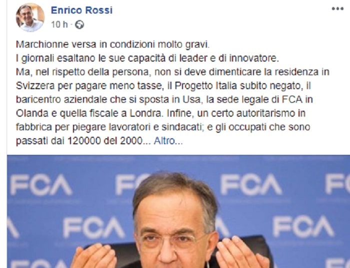 Enrico Rossi su Facebook: "Marchionne capace...per gli azionisti. Non dimentico gli errori"