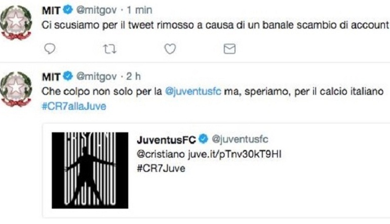 Cristiano Ronaldo alla Juventus, il Ministero dei Trasporti su Twitter: "Che colpo". Poi le scuse