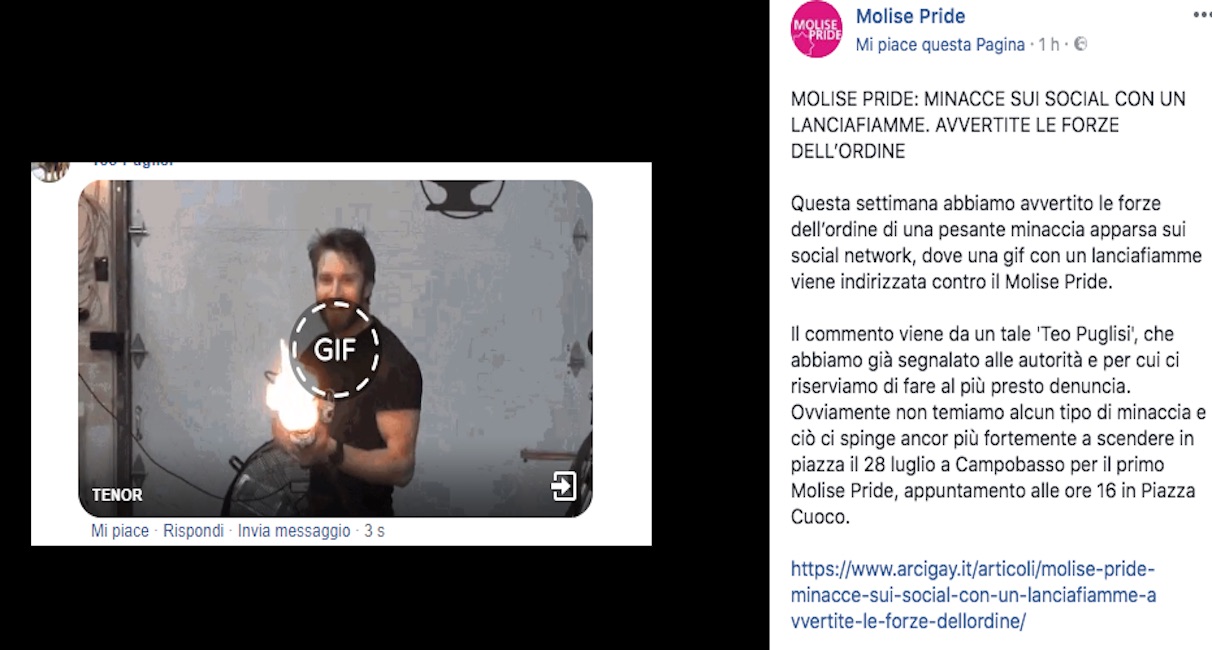 Molise Pride, minacce su Fb: una gif animata con lanciafiamme contro i gay
