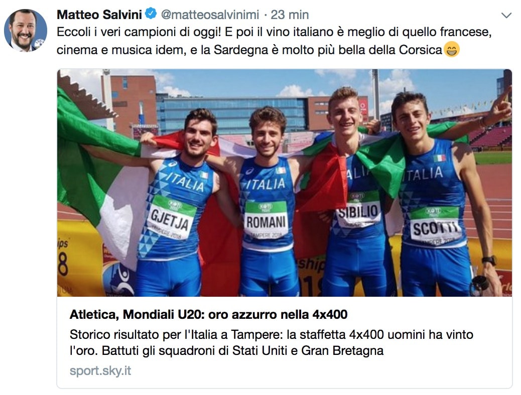 Mondiali 2018, Salvini: "I veri campioni di oggi sono i nostri atleti della staffetta"