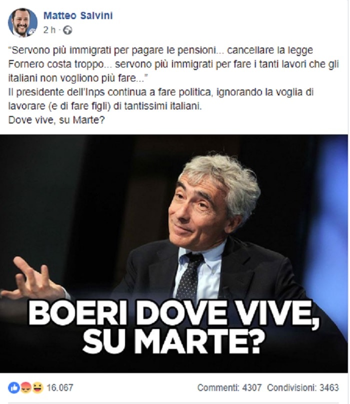 Salvini risponde a Boeri