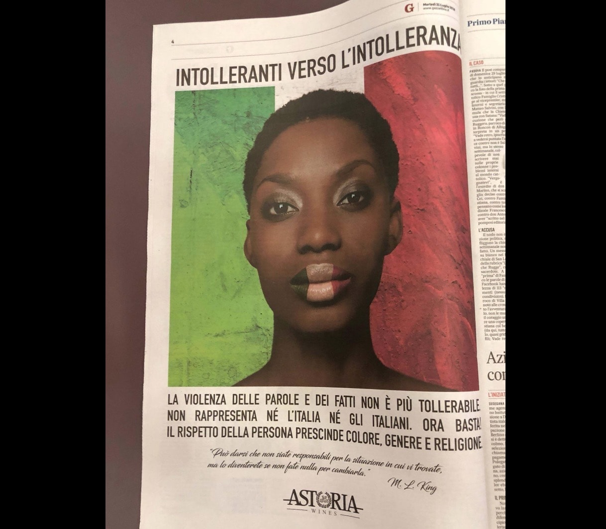 Razzismo, Paolo Polegato, ad di Astoria, compra pagina di giornale: "Intolleranti verso l'intolleranza"