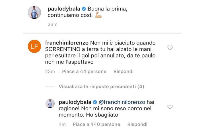 Dybala esulta con Sorrentino a terra, poi le scuse su Twitter: "Ho sbagliato"
