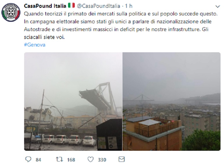 Genova, CasaPound su Twitter: "Colpa dei mercati". Sui social: "Siete degli sciacalli"