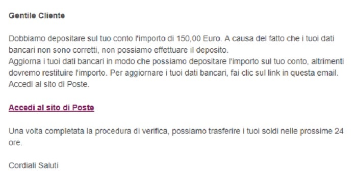 Mail con invito: "Accedi al sito di Poste Italiane". Ma è una truffa, non cliccate!