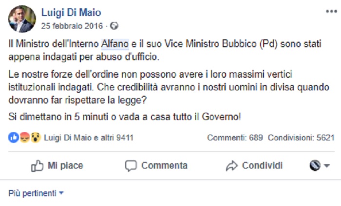 Di Maio: "Forze dell’ordine non possono avere ministro indagato". Era il 2016, era Alfano…