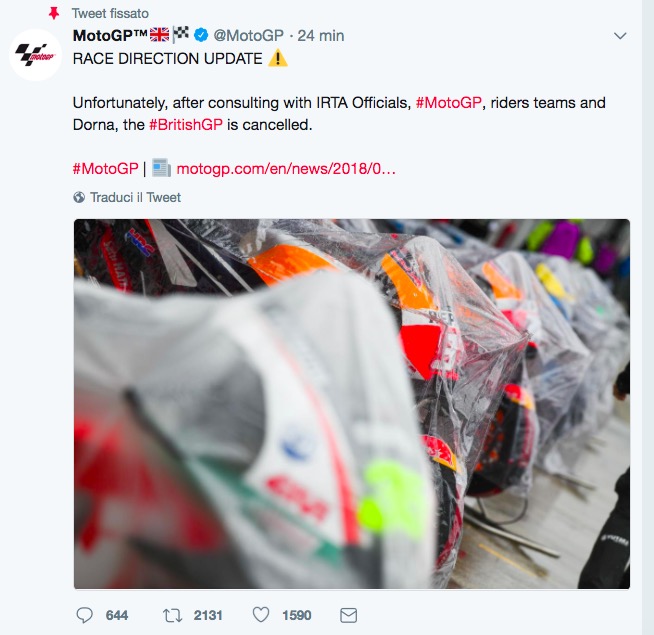 MotoGp Silverstone rinvio ufficiale per avverse condizioni meteo e pista allagata