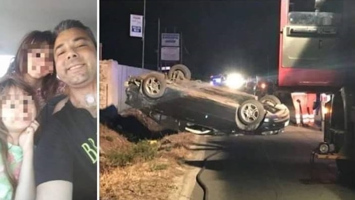 Gabriele Maddonni e le figlie. A destra l'auto dopo lo schianto