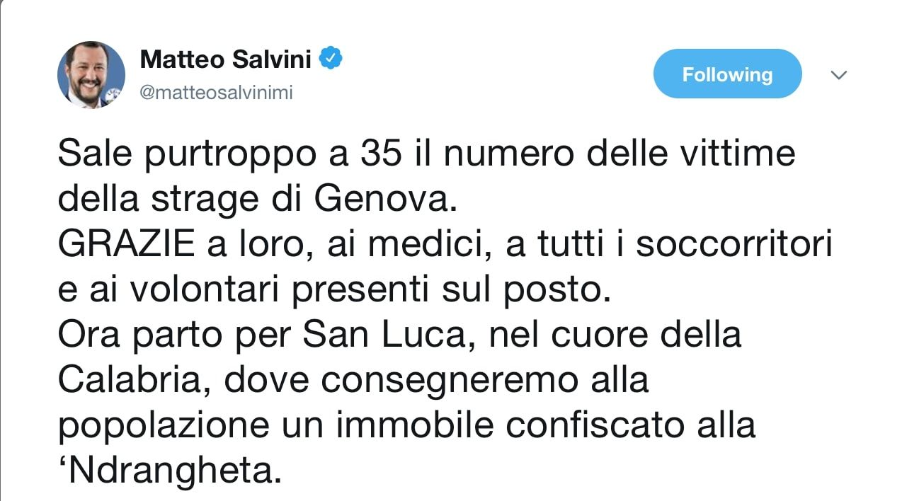 Ponte Morandi, Salvini in un tweet ringrazia le vittime del crollo