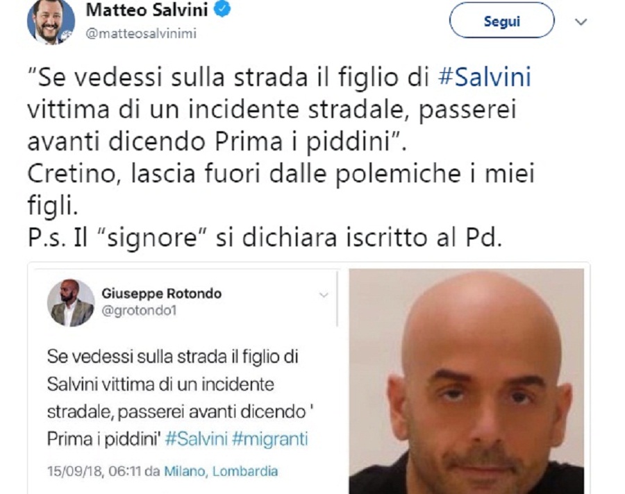 Salvini, il tweet del militante Pd: "Se vedessi suo figlio vittima di incidente..."