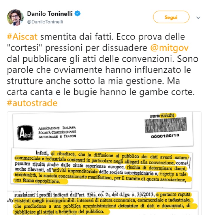 Toninelli mostra su Twitter le "pressioni" su Autostrade: FOTO della lettera Aiscat