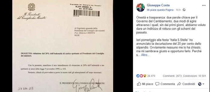 Giuseppe Conte: "Mi sono ridotto stipendio". Pd: "Non è vero". E lui pubblica la richiesta
