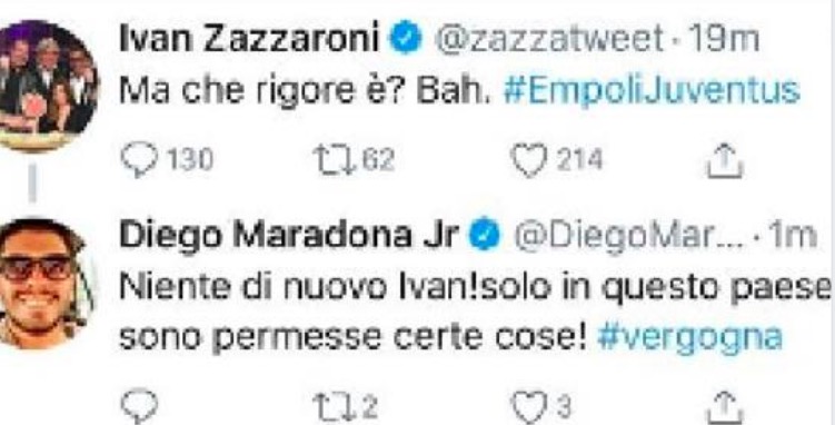 Ivan Zazzaroni su Empoli-Juventus: "Ma che rigore è?", Maradona jr: "Bravo, è una vergogna"