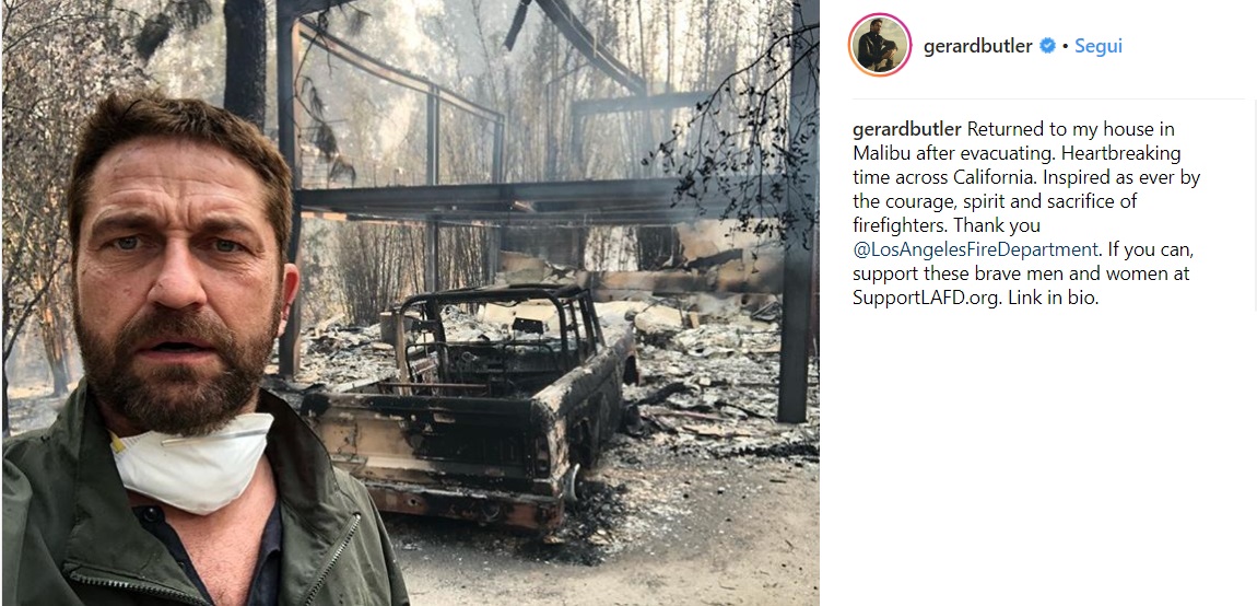 California, incendio devasta la villa di Gerard Butler: "Momento straziante, grazie ai vigili del fuoco" FOTO