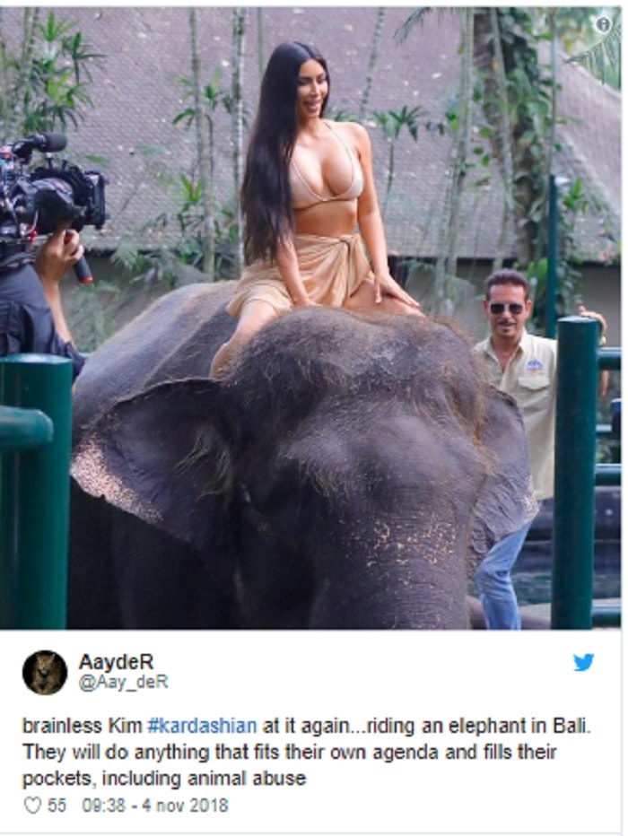 Kim Kardashian a Sumatra siede sull'elefante