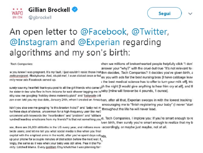 Gillian Brockell a Fb... "Pietà, basta pubblicità di bambini. ho perso mio figlio"