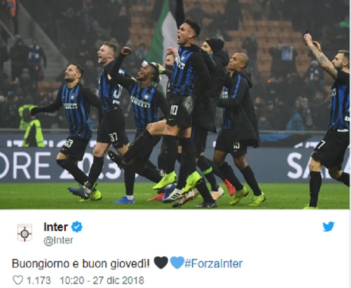 Inter, su Twitter "buongiorno e buon giovedì". Come se non fosse successo nulla