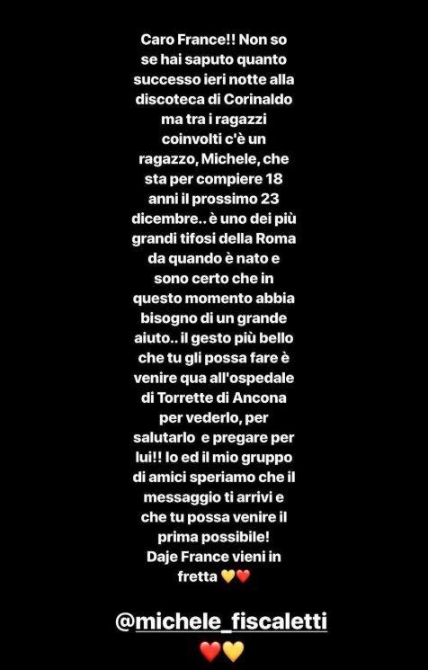 Michele Fiscaletti, appello degli amici a Francesco Totti: "Vieni a trovarlo in ospedale"