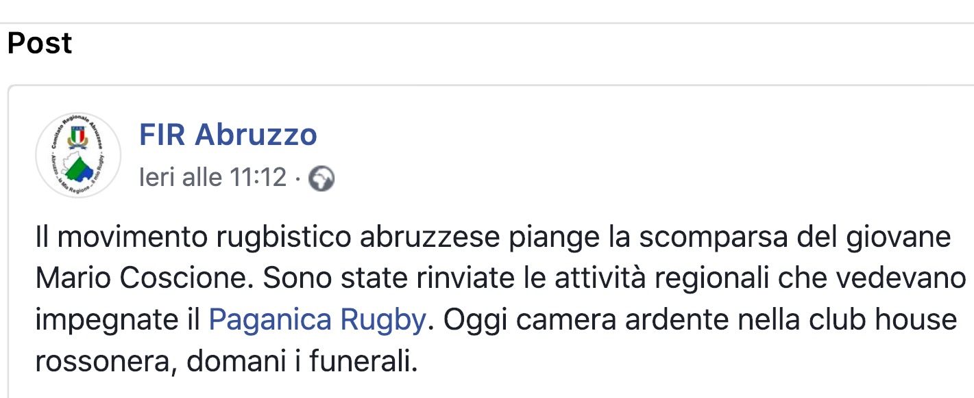 Mario Coscione è morto a 22 anni, il rugby abruzzese piange il suo campione