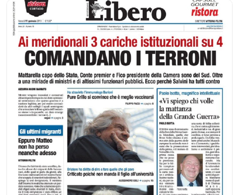 Libero: "Comandano i terroni". Di Maio: "Tranquilli, tra poco finirà il finanziamento pubblico dei giornali"