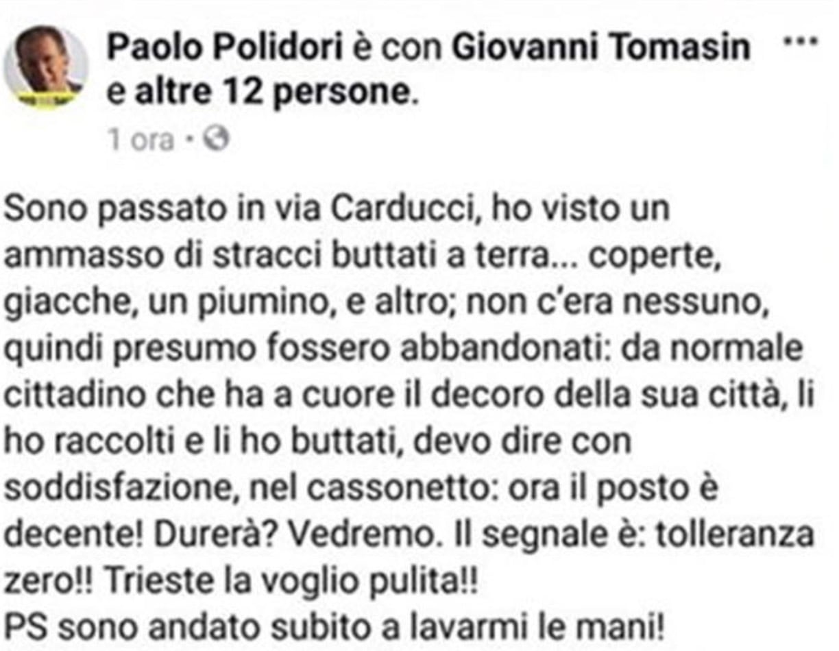 Trieste, il vicesindaco Polidori getta le coperte del clochard. I cittadini gliene portano altre