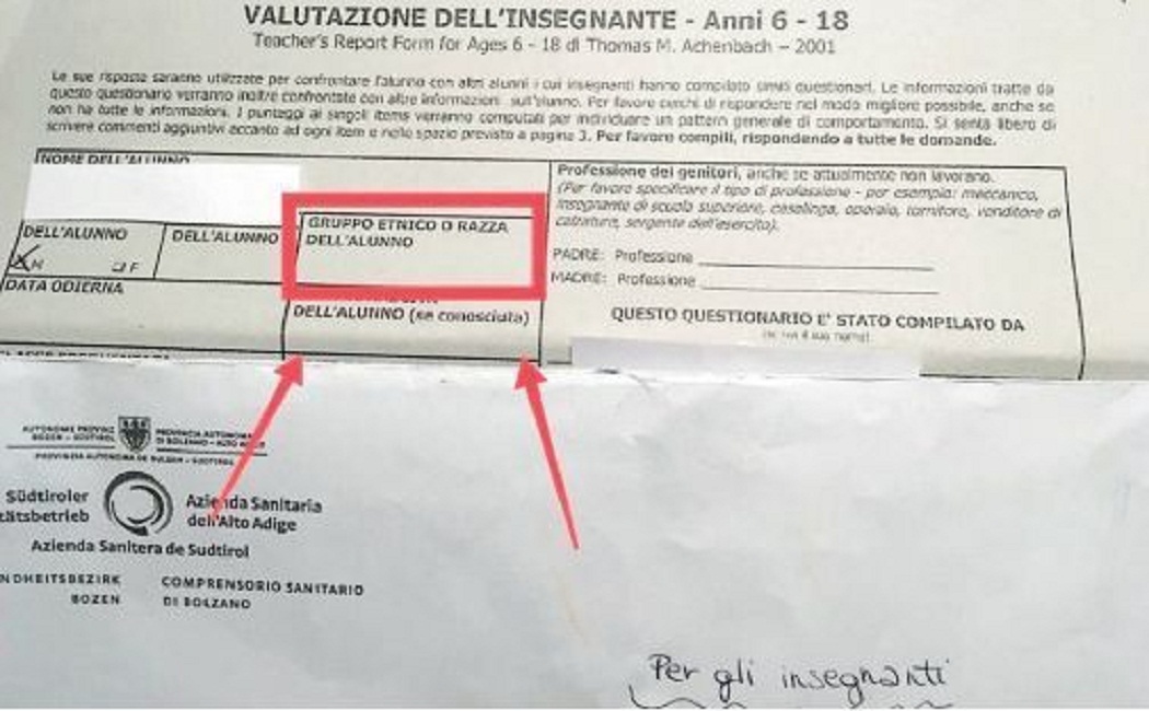 Bolzano, il questionario della Asl per i prof: "Indicare la razza dell'alunno"