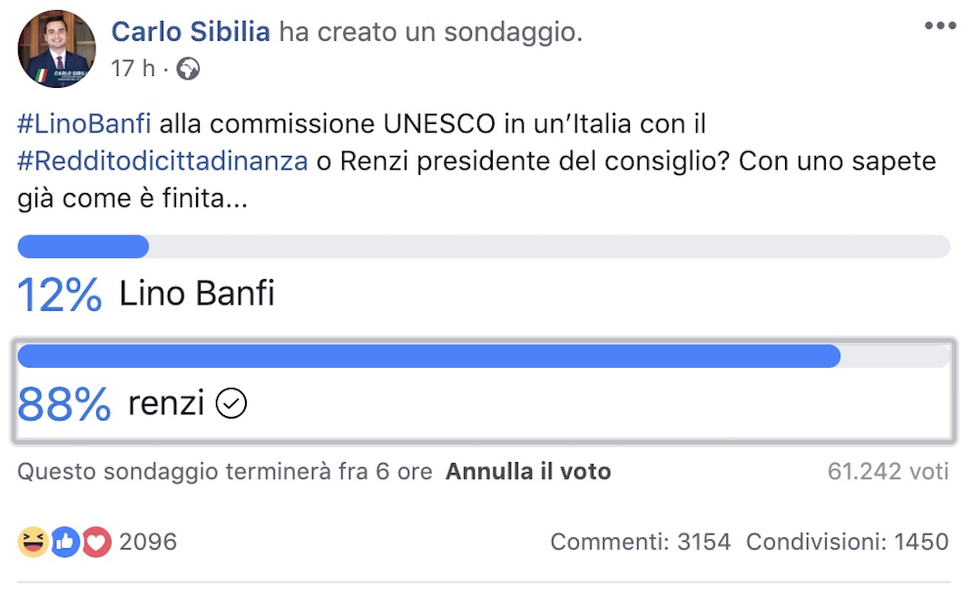 Sondaggio Carlo Sibilia: "Meglio Lino Banfi all'Unesco o Renzi?" Finisce malissimo