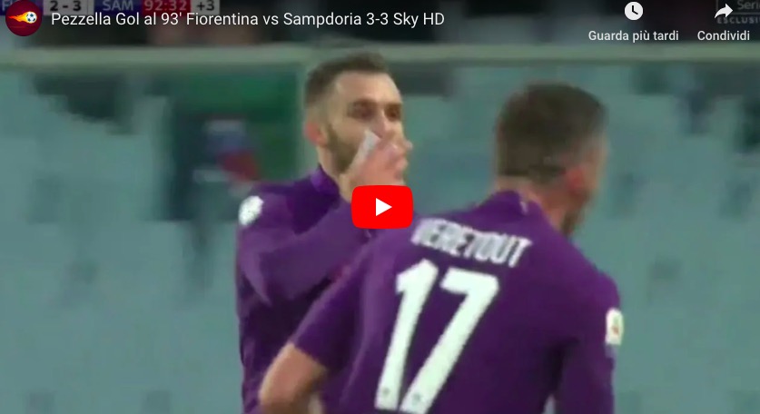 YouTube, Pezzella segna il gol del 3-3 in Fiorentina-Sampdoria e lo dedica ad Astori