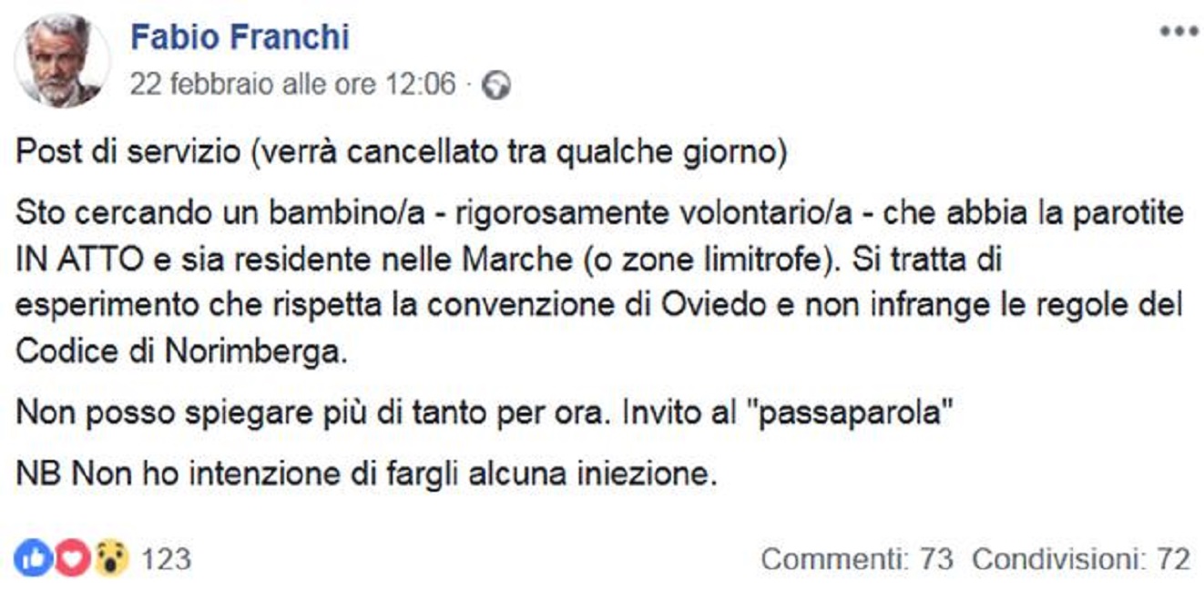 "Cercasi bambino con orecchioni per esperimento". L'annuncio del medico no vax e negazionista dell'Aids