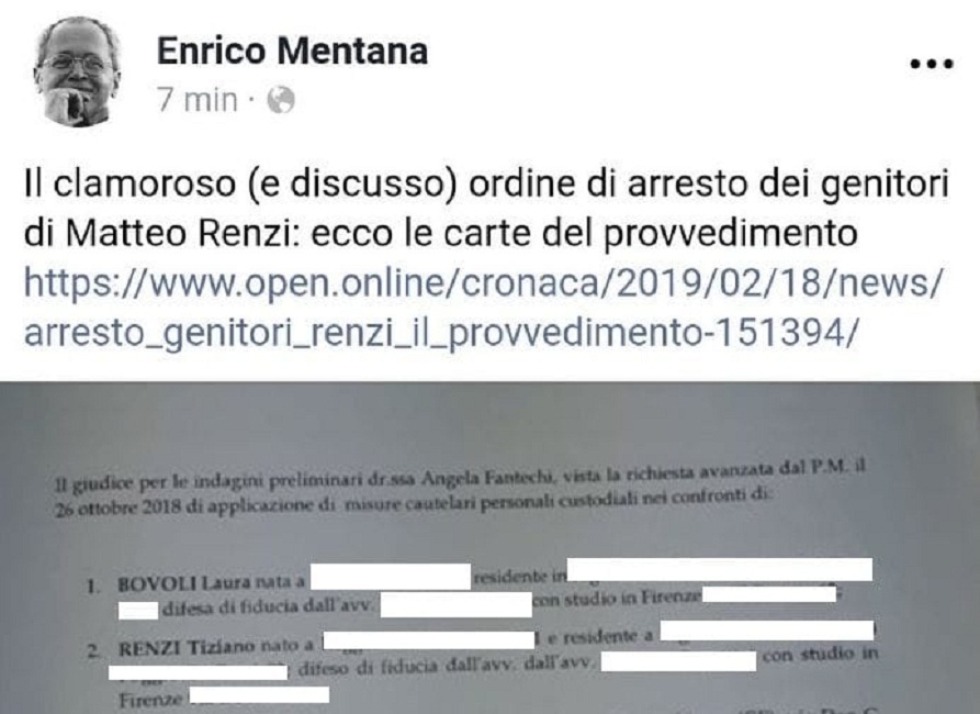 Enrico Mentana pubblica l'indirizzo dei genitori di Renzi. Poi chiede scusa