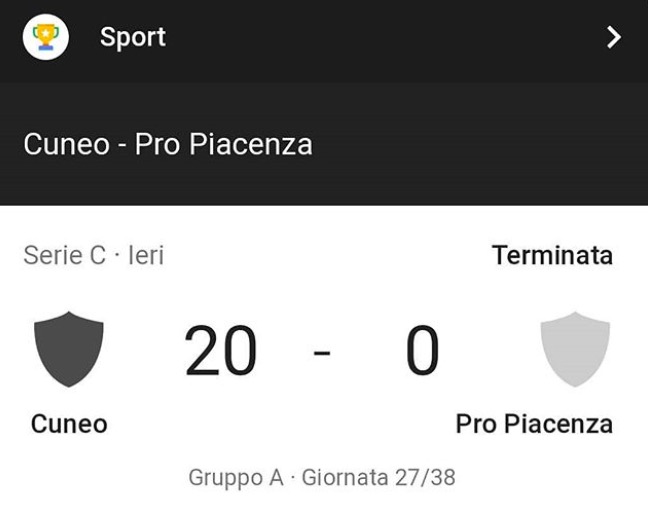 Pro Piacenza escluso dalla Serie C dopo il vergognoso 20-0 di Cuneo