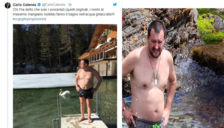 La foto pubblicata da Carlo Calenda e una foto di Matteo Salvini al mare (foto Chi)
