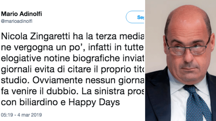 Zingaretti: proseguino...mi hanno imparato...la terza media. Avanti così e pioveranno voti
